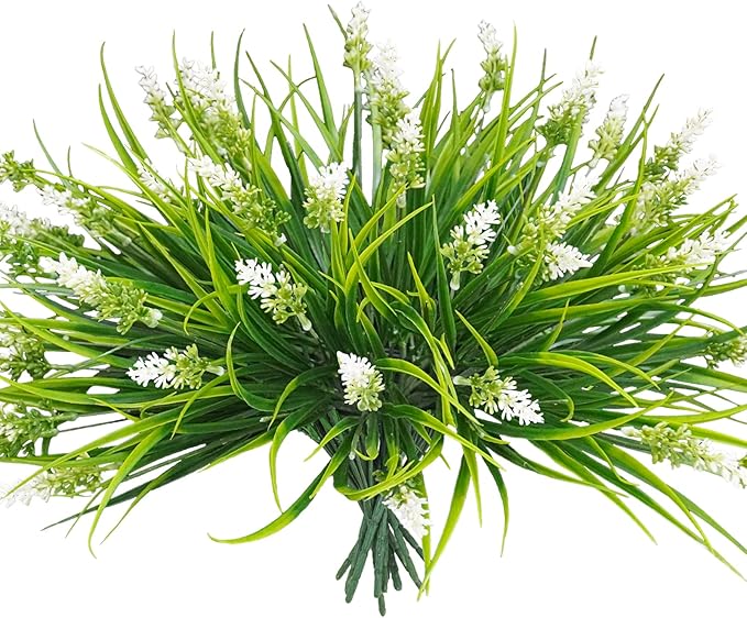obbsie 36 Bundles Artificial Plants Outdoor, 18.2" UV Resistant Faux Monkey Grass Greenery Stems No Fade Faux Plastic Flowers Shrubs for Home Weddings Garden Porch Front Patio Office Decor- White