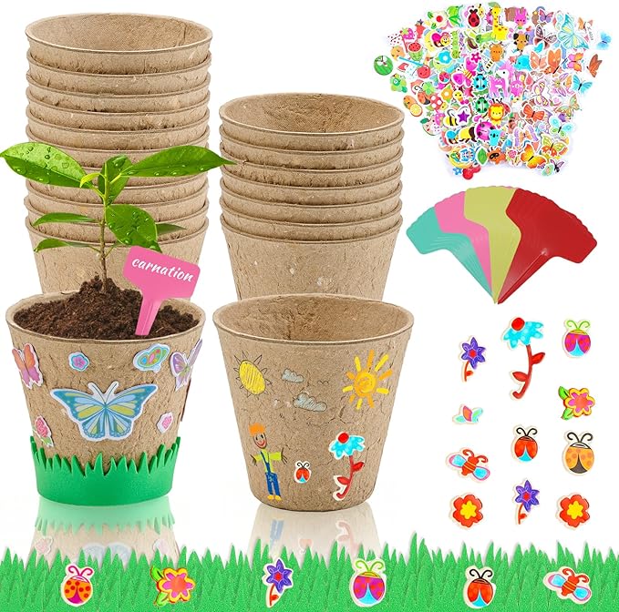 NNG 20 Set Garden Paper Pot Craft Kit,20Pcs Round Paper Mache Pots Peat Plant Pots with 200pcs Adhesive Foam Stickers & 20Pcs Pots Labels,Flower Plant Spring Craft for DIY Flower Planting