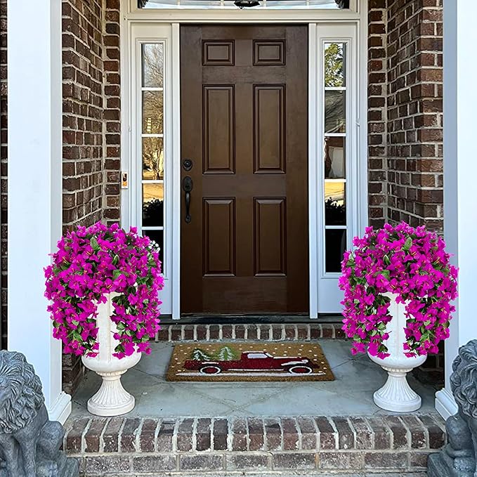 Faux Bougainvillea Artificial Flowers Plants for Outdoors Outside Decoration, 2 pcs Purple Fake Flowers UV Resistant Look Real Silk Long Trailing Vines for Front Door Porch Planter Urn Patio Garden