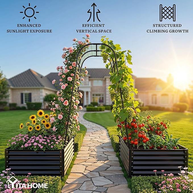 YITAHOME 2pcs 6x3x1.5ft Galvanized Raised Garden Bed with Tall Arch Trellis, Galvanized Planter Box with Trellis, Vertical Netting, Gloves, Outdoor Flower Bed for Climbing Plants, Vegetables, Black