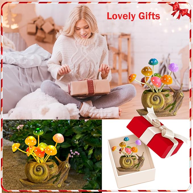 Solar Garden Statues Outdoor, Snail Garden Decor Solar Lights with Mushrooms, Birthday Gifts for Women Mom Grandma, Fairy Accessories for Patio Yard Lawn Backyard Balcony Housewarming Ornament