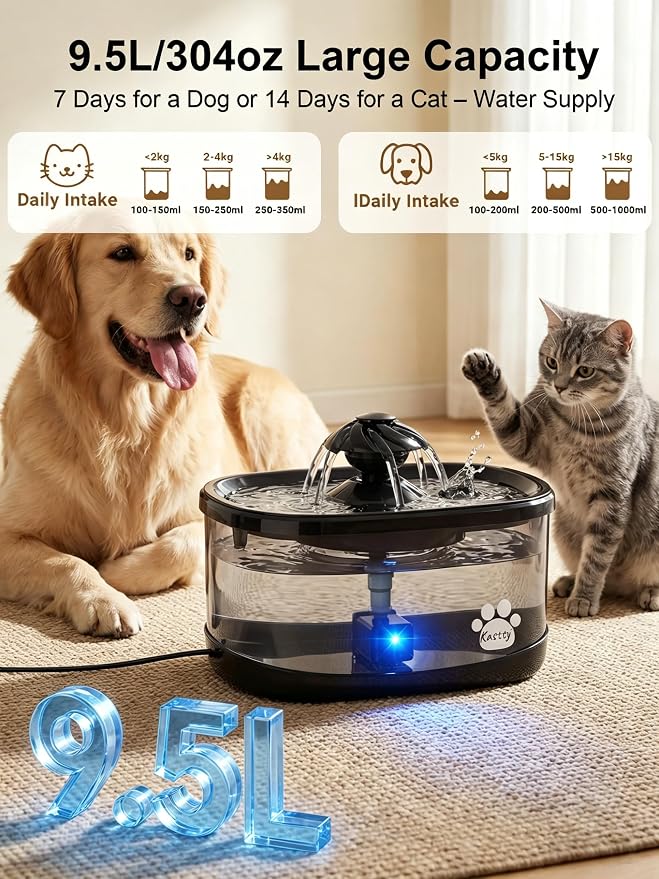 Kastty 9.5L/2.5Gal Dog Water Fountain,Large Pet Water Fountain for Dogs Inside,Quite Dog Water Bowl Dispenser with Water Window & LED,Dog Fountain Water Bowl with Multi-Filtration for Pets(FS82,Black)