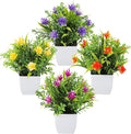 TerraVervre Fake Plants 4 Packs,Small Artificial Plants with Flowers, for Bathroom, Office,Home,Conference Table Decor, Indoor Desk Decor