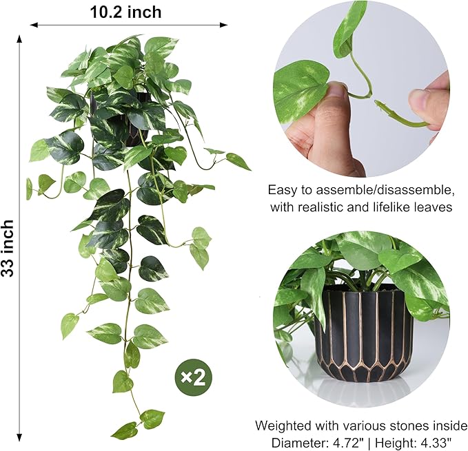 Fake Plants 2 Pcs Faux Pothos Plants Potted Indoor Artificial Hanging Plants Realistic Fake Greenery Table Desk Bathroom Office Bedroom Living Room Shelf Modern Farmhouse Decor Outdoor