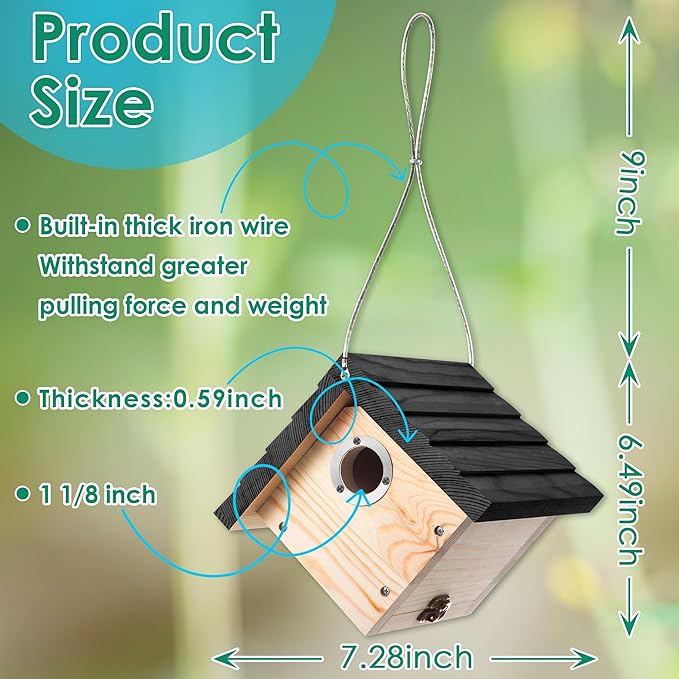 Dreyoo 2 Pack Wren House, 1-1/8'' Entrance Hole Hanging Wooden Wren Bird Houses for Outside with Metal Guard, Air Vents, Pine Wood for Chickadees (Black,Wood Color)