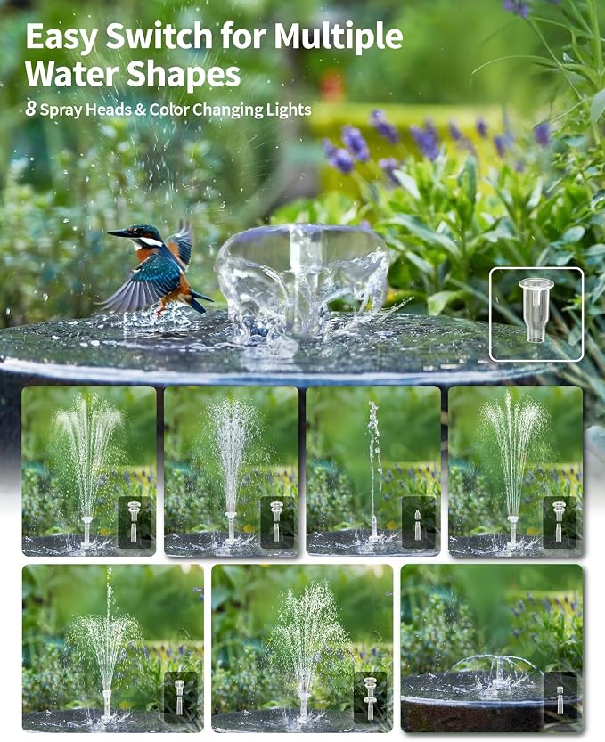 POPOSOAP 8W Solar Fountain Pump with 3200mAh Battery Backup & LED Lights, Solar Water Fountain Kit with 8 Nozzles & PVC Tubing for Bird Bath, Pond, Fish Tank, Backyard Decor P108DL