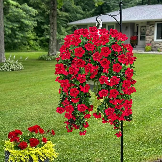 Artificial Geranium Hanging Flowers for Outdoor Decoration, 2 Bundles UV Resistant Silk Geranium Fake Plants Faux Flowers for Front Porch Garden Patio Window Box Outside Indoor Decor (Red)