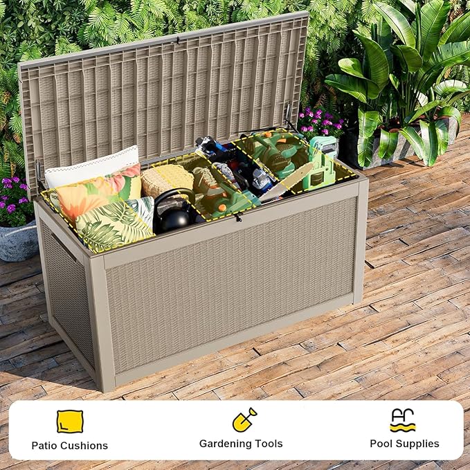 320 Gallon Resin Deck Box, Grey Outdoor Storage Box, Waterproof UV Resistant with Hydraulic Rod & Stable Structure, Great for Patio, Garden and Pool(Gray)