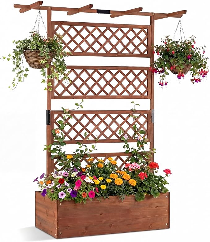 COSTWAY Wooden Raised Garden Planter with Trellis and Roof, 72" Freestanding Privacy Screen & Climbing Plant Support for Outdoor Patio, Balcony, Vegetable, Herb, and Flower Gardening (Brown,1)