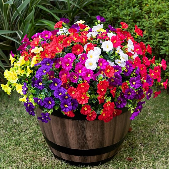 Artificial Faux Flowers for Outdoor 16 Bundles Boxwood Fake Morning Glory for Planter,UV Resistant Fake Flowers for Home Porch Patio Outside（7 Color）