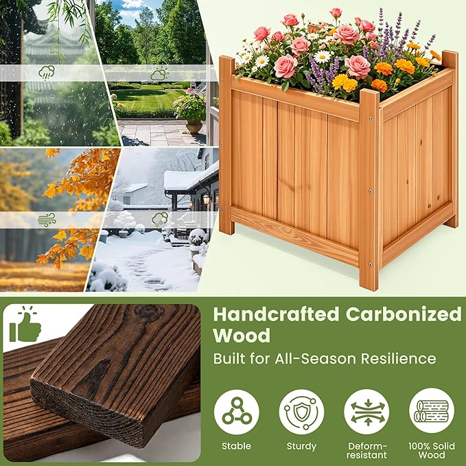 Set of 2 Fir Wood Square Planter Boxes, 18" Extra Large Outdoor Flower Box with Removable Drainage Base & Non-Woven Liner, Rustic Wooden Planters for Patio Garden Balcony, Wood Bucket Planter