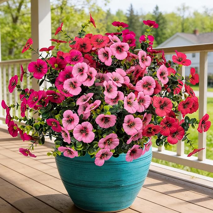17 Inch Artificial Faux Pansy Flowers for Outdoor,Fake Pansies Flowers with Eucalyptus Leaves Fake Plants Greenery Boxwood Porch Patio Decor 6 Bundles(Pink,Dark Rose,Rose Red)