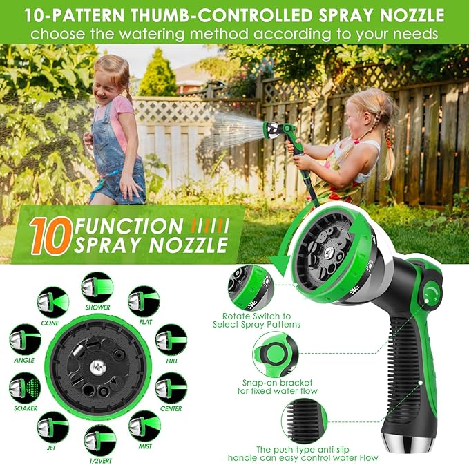 Non-Expanding Garden Hose 50 ft, Lightweight Hose & Flexible Water Hose With 10-Pattern Spray Nozzle, Kink-Free Design, Durable Leakproof Yard Outdoor Hose, Portable Storage Strap, 50 Feet