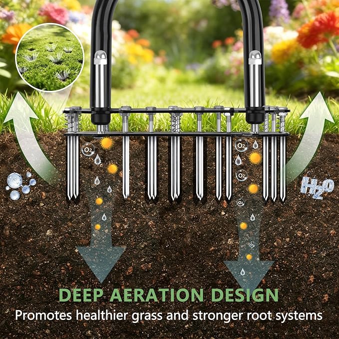 Bigwish Adjustable Lawn Aerator Tool with Rebound Spring – 16 Sharp Metal Spikes Soil Aerator with Ergonomic T-Handle & Wide Foot Plate, Heavy Duty Yard Lawn Aerator for Garden Lawn Care