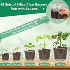 Jollidecor 45Pcs Clear Plastic Nursery Pots with Drainage Holes and Saucers, 3/4/5/6/7Inch Seedling Starter Flower Pots with Tool for Indoor Outdoor Gardening Flower, Herb, Succulent Transplanting
