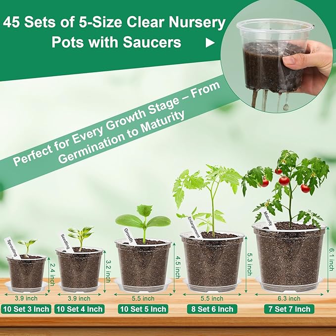 Jollidecor 45Pcs Clear Plastic Nursery Pots with Drainage Holes and Saucers, 3/4/5/6/7Inch Seedling Starter Flower Pots with Tool for Indoor Outdoor Gardening Flower, Herb, Succulent Transplanting