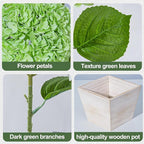 Artificial Hydrangea Flowers Arrangement in Wood Planter, 4PCS Fake Green Flowers in Wooden Vase Potted Floral Centerpieces for Tables Living Room Home Office Room Shelf Kitchen Decor