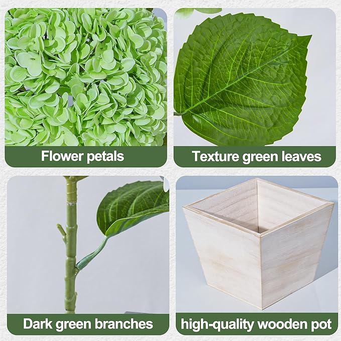 Artificial Hydrangea Flowers Arrangement in Wood Planter, 4PCS Fake Green Flowers in Wooden Vase Potted Floral Centerpieces for Tables Living Room Home Office Room Shelf Kitchen Decor