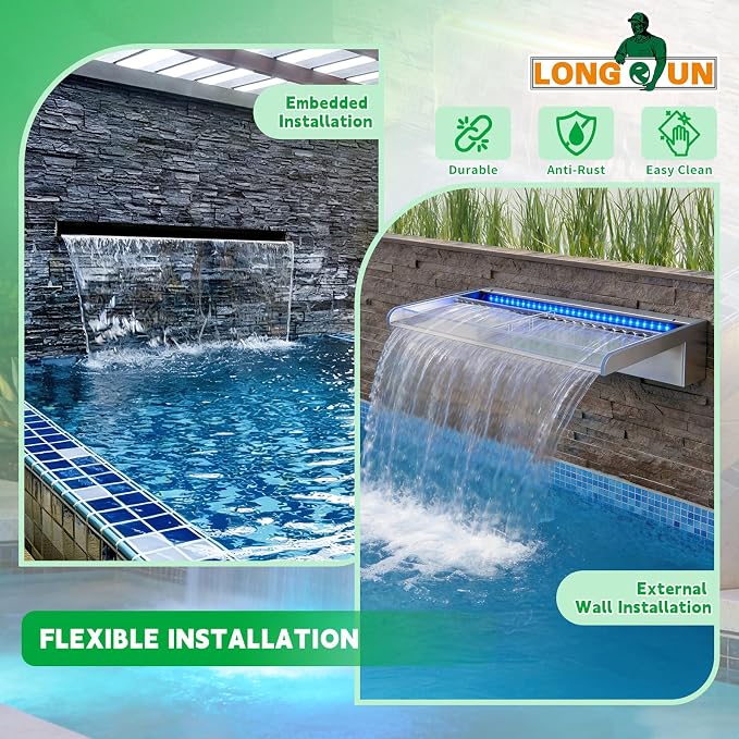 LONGRUN with lid Waterfall Spillway, APP Control Multi-Color LED Light Outdoor Pool Fountain, Acrylic Water Spillway Koi Pond Waterfalls Fountains Kit for Garden Patio Swimming Pool Decoration-23.6"