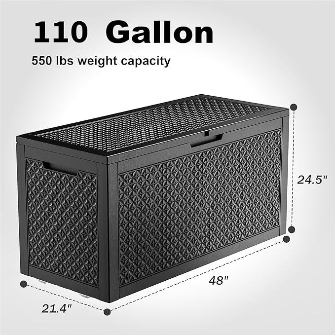 PatioZen 110 Gallon Resin Deck Box, Lockable Patio Outdoor Storage Box for Furniture, Garden Tools and Tools Storage, Waterproof Outside Storage Boxes - Patterned black