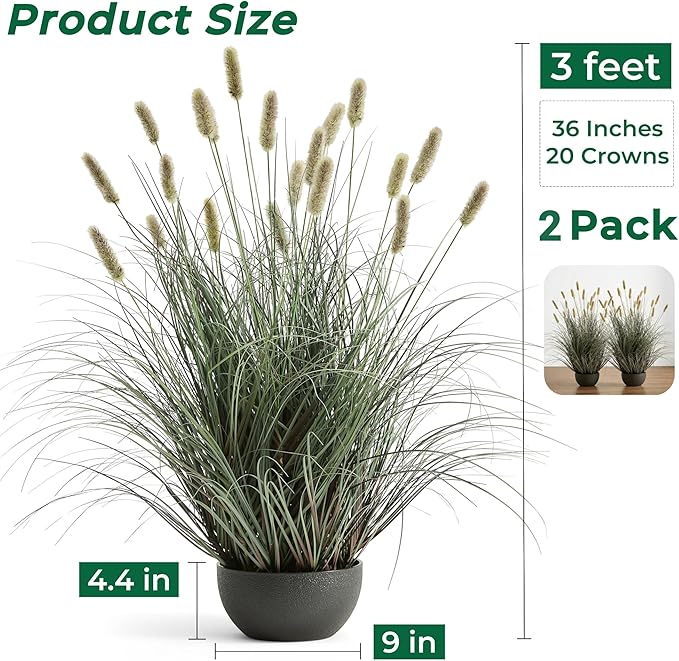 3ft Onion Grass Set of 2, Artificial Plant and Greenery, Fake Floor Plants Indoor Outdoor, Potted Faux Green Bristlegrass with Spikes, Large Size Horsetail Reed Grass, House Decorative
