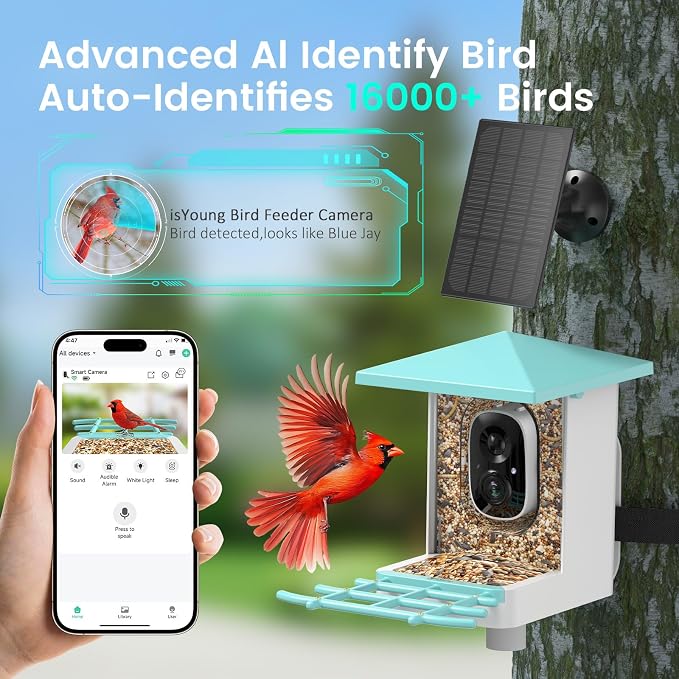 Smart Bird Feeder with Camera, AI Identify 16,000+ Birds, 5W Solar, 170° View, Motion Detection – Ideal Gift for Bird Lovers
