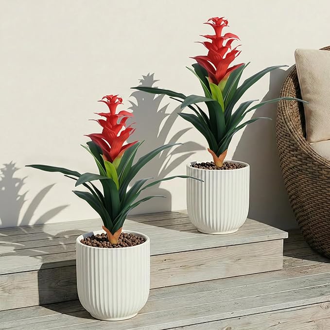 Ivydale Fake Flowers Plants for Outdoors, 2 Pcs 16.93" Bromeliad Artificial Flowers Uv Resistant Realistic Faux Flowers for Outdoor Planters Outside Porch Patio Yard Garden Indoor Decoration(Red)
