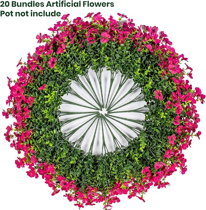 Lnoicy 20 Bundles Artificial Flowers for Outdoor Fake Plants for Spring Decoration,Faux Eucalyptus Flowers for Planter UV Resistant Lifelike for Home Porch Garden（Rose Red）