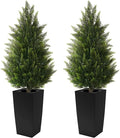 4FT Tall 2 Pack Artificial Cedar Topiary Trees with Compact Pyramidal Shape, Realistic Faux Cypress in Square Black Pot with Fillable Water Bag, Outdoor Evergreen for Front Porch Garden Home Decor