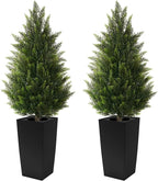 4FT Tall 2 Pack Artificial Cedar Topiary Trees with Compact Pyramidal Shape, Realistic Faux Cypress in Square Black Pot with Fillable Water Bag, Outdoor Evergreen for Front Porch Garden Home Decor