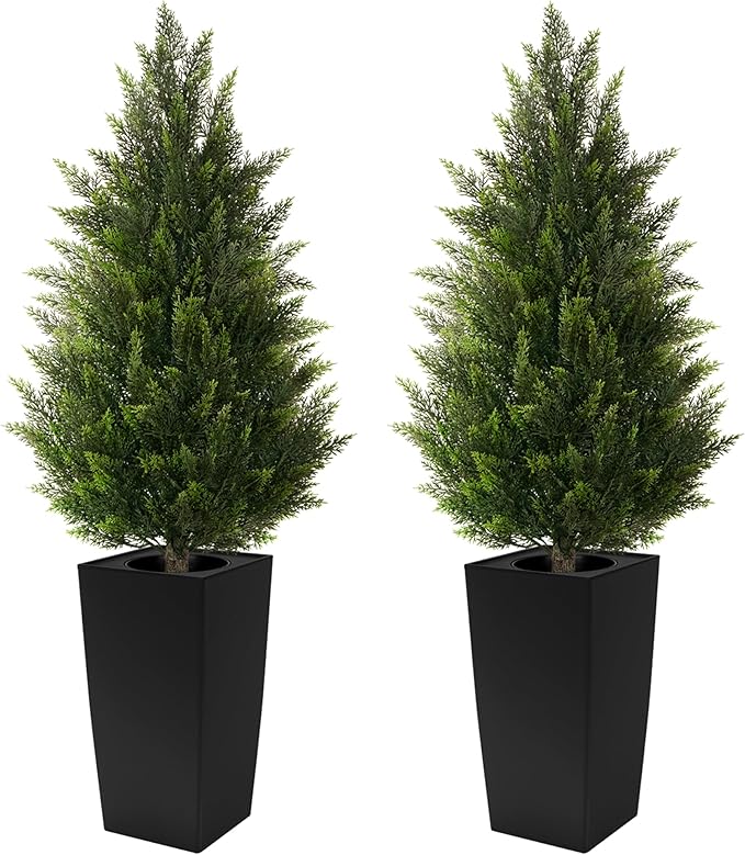 4FT Tall 2 Pack Artificial Cedar Topiary Trees with Compact Pyramidal Shape, Realistic Faux Cypress in Square Black Pot with Fillable Water Bag, Outdoor Evergreen for Front Porch Garden Home Decor