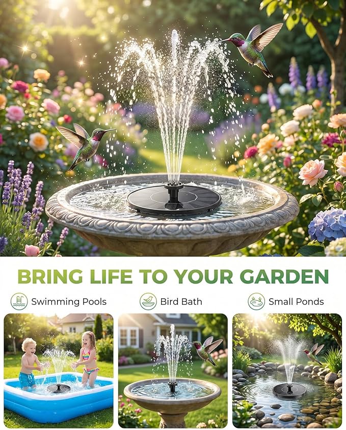 Solar Fountain for Bird Bath, 2026 Upgrade Solar Bird Bath Water Fountain with 7 Nozzle, 4 Fixed Pipe, Outdoor Standing Floating 1.4W Solar Powered Water Fountain for Garden, Pond, Pool, Tank (6.3 in)