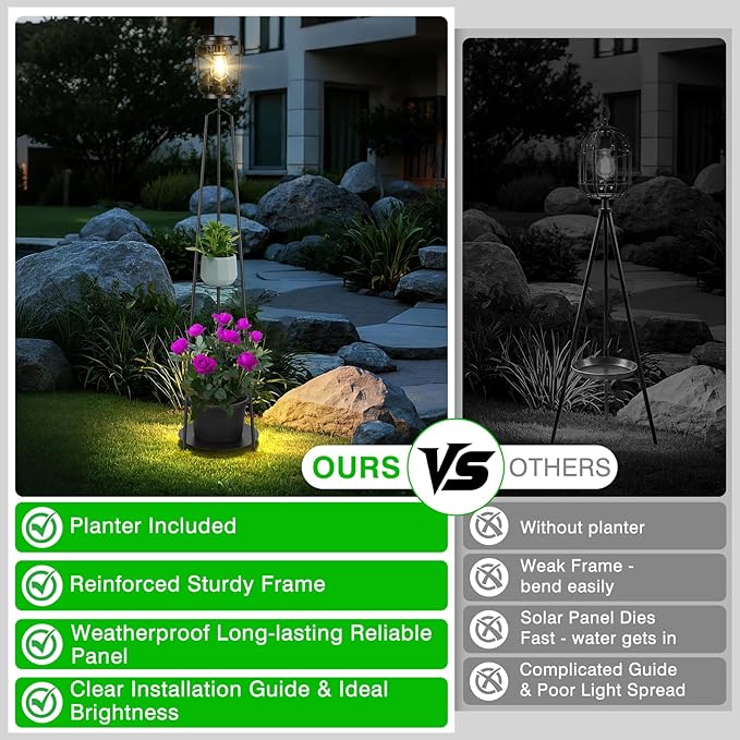 TOWPONICS 52.4'' Outdoor Floor Lamp with Plant Stand, Solar Lights Outdoor Waterproof with Planter, Solar Powered Patio Lights for Deck Pathway Driveway Front Porch Decoration, 1-Pack