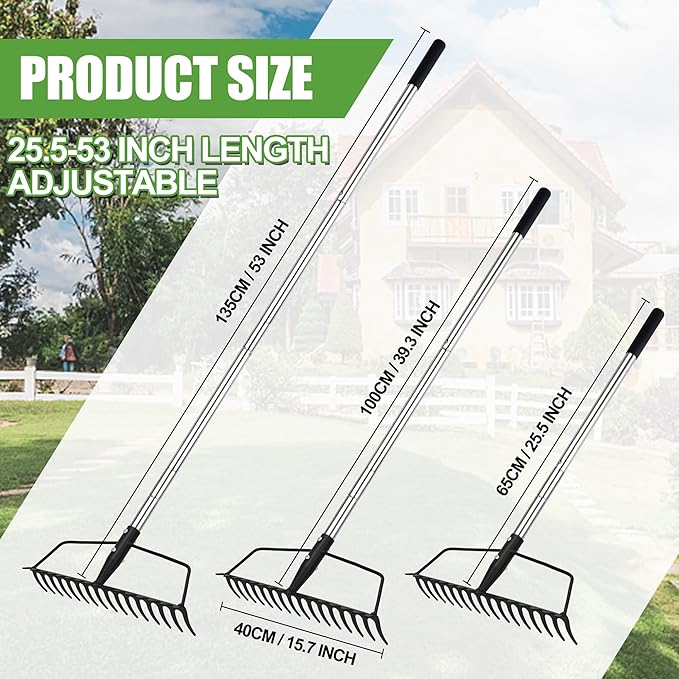 YEELOR Garden Rake, Heavy Duty 16-Tine Bow Rake with Adjustable Stainless Steel Handle, Metal Rake for Yard Work, Loosening Soil, Leveling Mulch, Gathering Leaves
