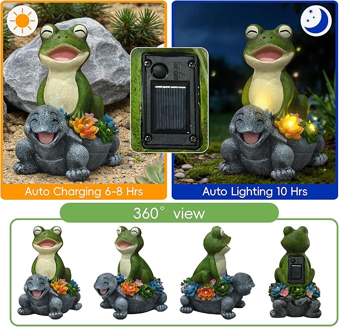 Solar Turtle Frog Garden Statue - Happy Turtle Frog Statue with LED Succulent,Garden Gifts,Outdoor Statues Decoration for Patio Backyard Yard Lawn Ornament,Birthday Gifts for Women Mom Grandma