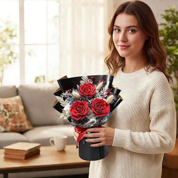 Preserved Flowers Bouquet, Flowers for Delivery,Handmade Red Rose Bouquets Lasting 3-5 Years, Luxury Gift Box,Birthday Flowers Gifts for Women Mom Grandma Wife Friends