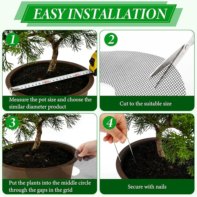 10Pcs 15.7 Inch Plant Pot Grids with 20 U-Shaped Nails, Cuttable Soil Cover Protector Cats, Animals Digging Stopper, Indoor Plant Pot Soil Guard for Outdoor Garden Balcony