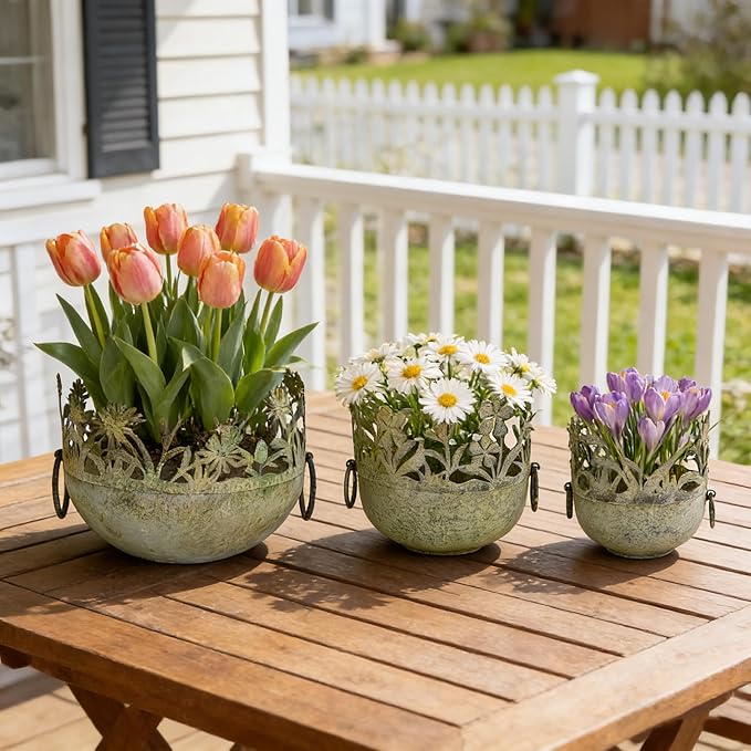 3 Piece Vintage Metal Planter Set, Rustic Distressed Farmhouse Flower Pots with Handles for Indoor Outdoor Garden, Tabletop Centerpieces & Wedding Decor