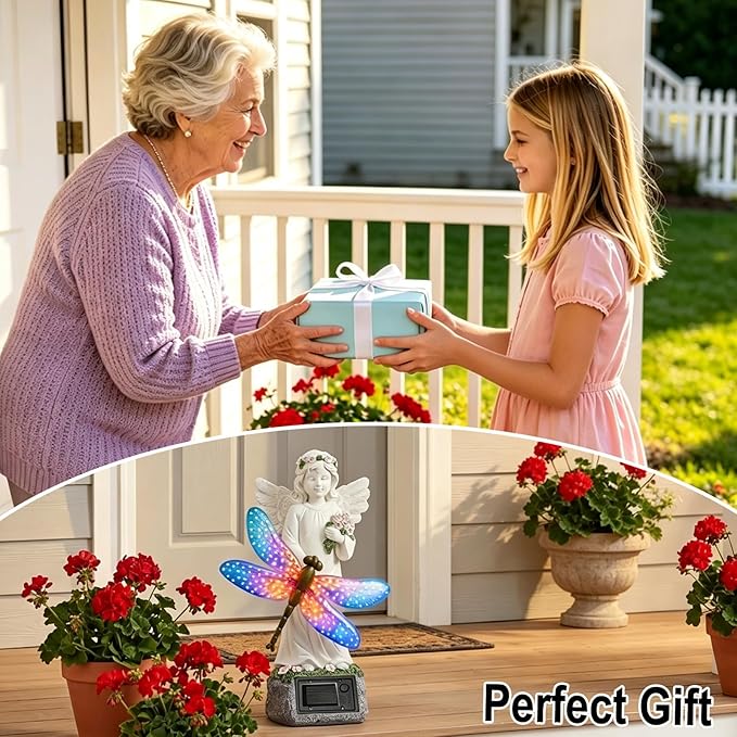 Starryfill Solar Angel Garden Statue with Color Changing Dragonfly Lights - 12 Inch Hand-Painted Resin Figurine, Auto Dusk-to-Dawn Waterproof Outdoor Decor for Patio, Yard, Lawn, Memorial Mother Gift