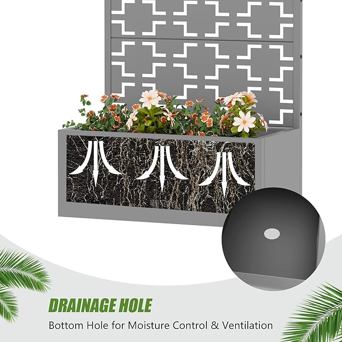 Casaphoria Metal Raised Garden Bed with Trellis, 59"x30"x12" Planter Box for Climbing Plants, Vegetables & Vines, Features Drainage Holes and Privacy Screen, Grey-Square