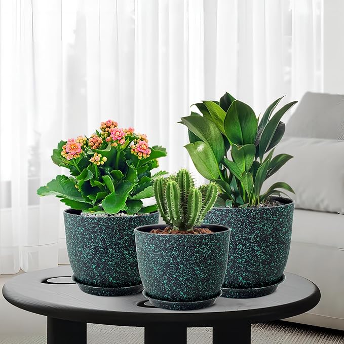 WSMKSZ Plant Pots 10/9/8 inch, Set of 3 Modern Decorative Plastic Planters with Drainage Holes and Saucers for Garden House Plants, Flower Pots for Indoor Outdoor Plants, Black with Green Speckles