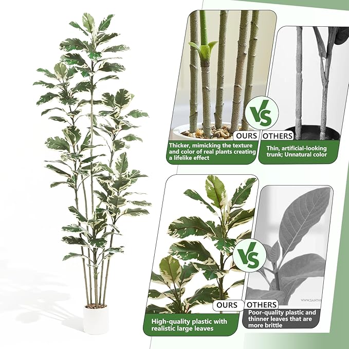 Artificial Rubber Tree 7FT, Tall Fake Plants in White Planter, Faux Plants Indoor Large Floor Silk Rubber Plant in Pot, Tropical Artificial Trees for House Home Office Room Outdoor Decor