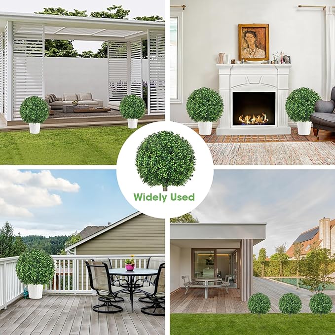 25.6" Artificial Boxwood Topiary Ball Trees: 2 Pack Fake Shrubs with Spike – UV Resistant & Fade Resistant Faux Bushes, Evergreen Spring Artificial Plants for Outdoor Indoor Front Porch Garden