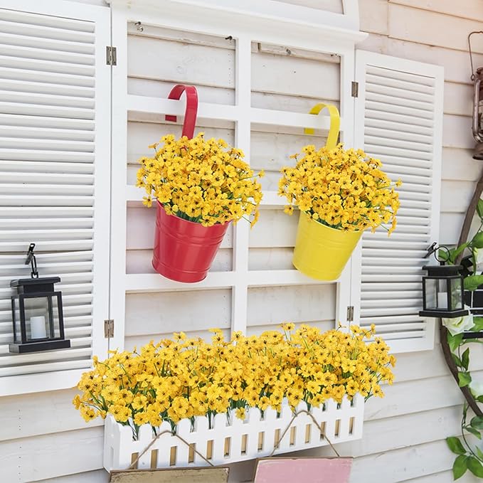 Bassion 24 Bundles Artificial Flowers for Outdoors Decoration, UV Resistant Yellow Silk Fake Faux Flowers Artificial Plants for Outside Window Box Porch Garden Home Decor