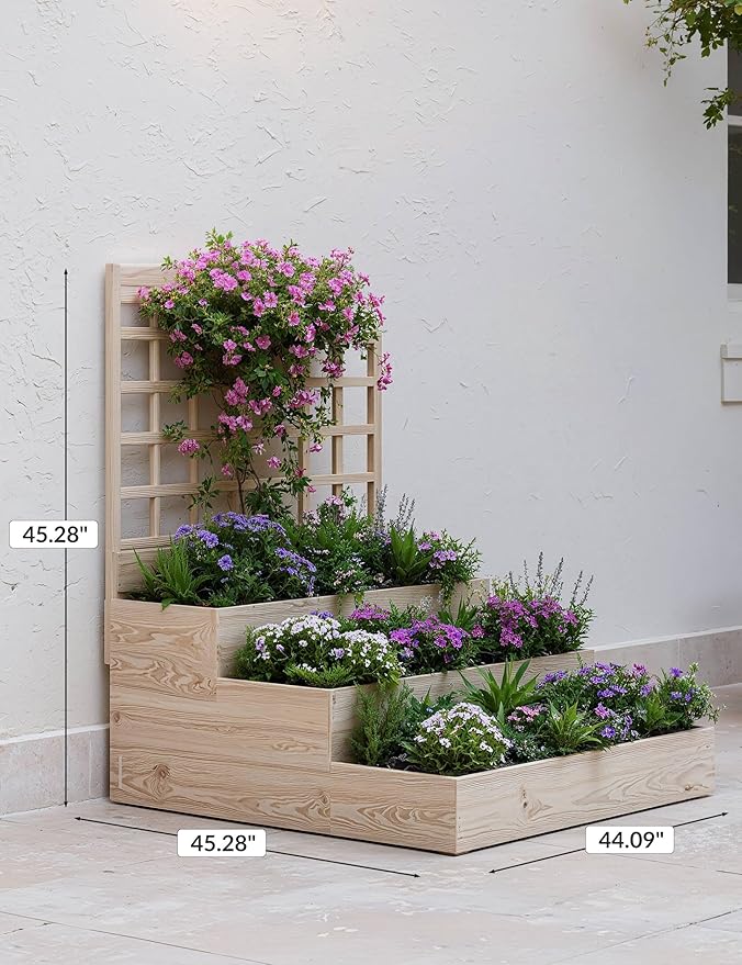 GarveeLife 3-Tier Raised Garden Bed,Wooden Vertical Planters with Trellis & Open-Ended Base for Climbing Plants Vines Flower Herb Vegetable Fruit,Outdoor Planter Boxes for Patio Yard Lawn