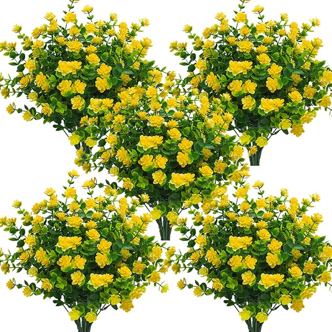 Grunyia 10 Bundles Artificial Fake Flowers, Faux Outdoor Plastic Plants UV Resistant Shrubs Outside Indoor Decorations (Yellow-Eucalyptus)