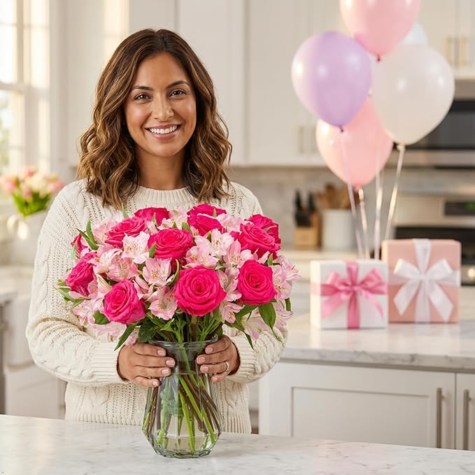 Benchmark Bouquets - Charming Roses & Alstroemeria (Glass Vase Included) - Fresh Flowers for Delivery - Gift for Graduation, Birthday, Anniversary, Sympathy, Get Well, Congratulations