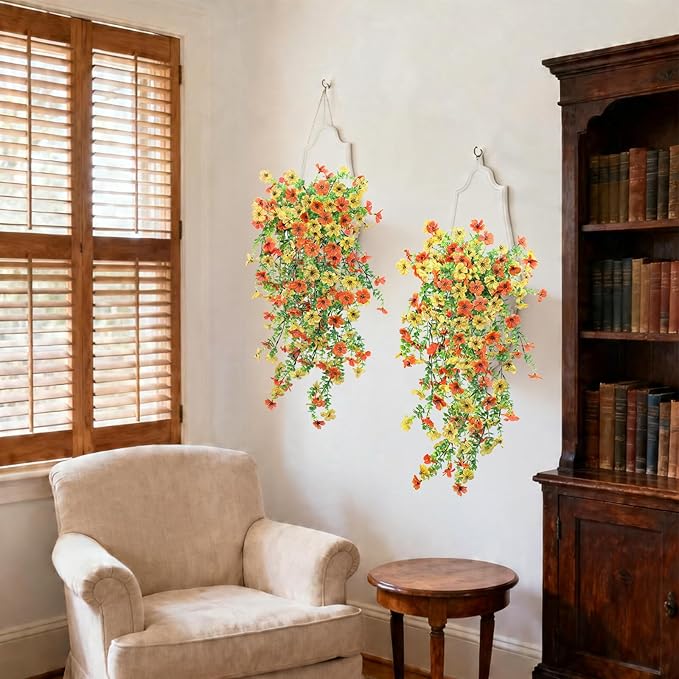 Fake Artificial Hanging Flowers for Outdoors, 2 Pcs Fake Hanging Plant Spring Summer Decor, UV Resistant No Fade Faux Silk Daisy Flower for Front Door Porch Planter Patio Yard Garden(Orange Yellow)