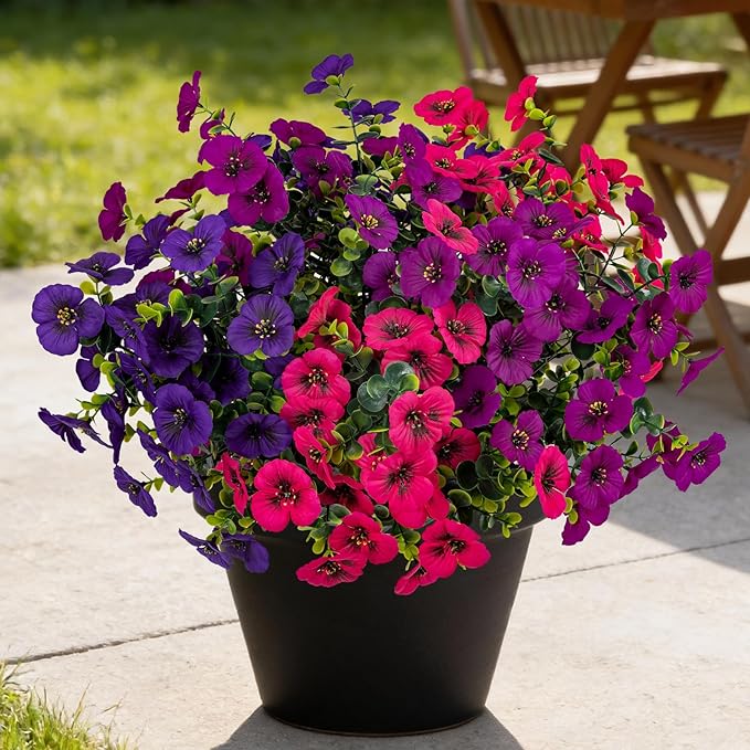 17 Inch Artificial Faux Pansy Flowers for Outdoor,Fake Pansies Flowers with Eucalyptus Leaves Fake Plants Greenery Boxwood Porch Patio Decor 6 Bundles(Dark Purple,Magenta,Dark Rose)