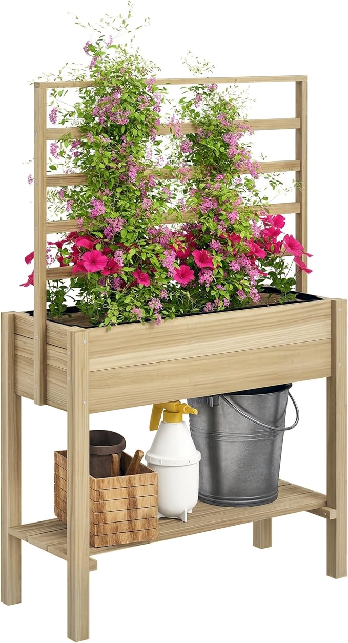Outsunny Wooden Raised Garden Bed with Trellis, Elevated Planter Box with Storage Shelf, Drainage Holes and Liner, Outdoor Flower Box for Vegetables, Flowers, Herbs